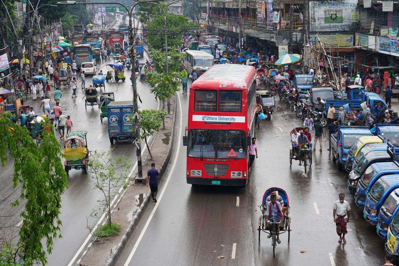 Street scene with a double-decker bus