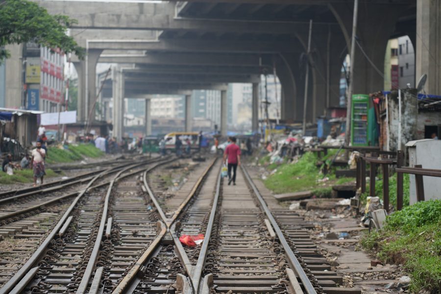 Railway tracks running under a flyover