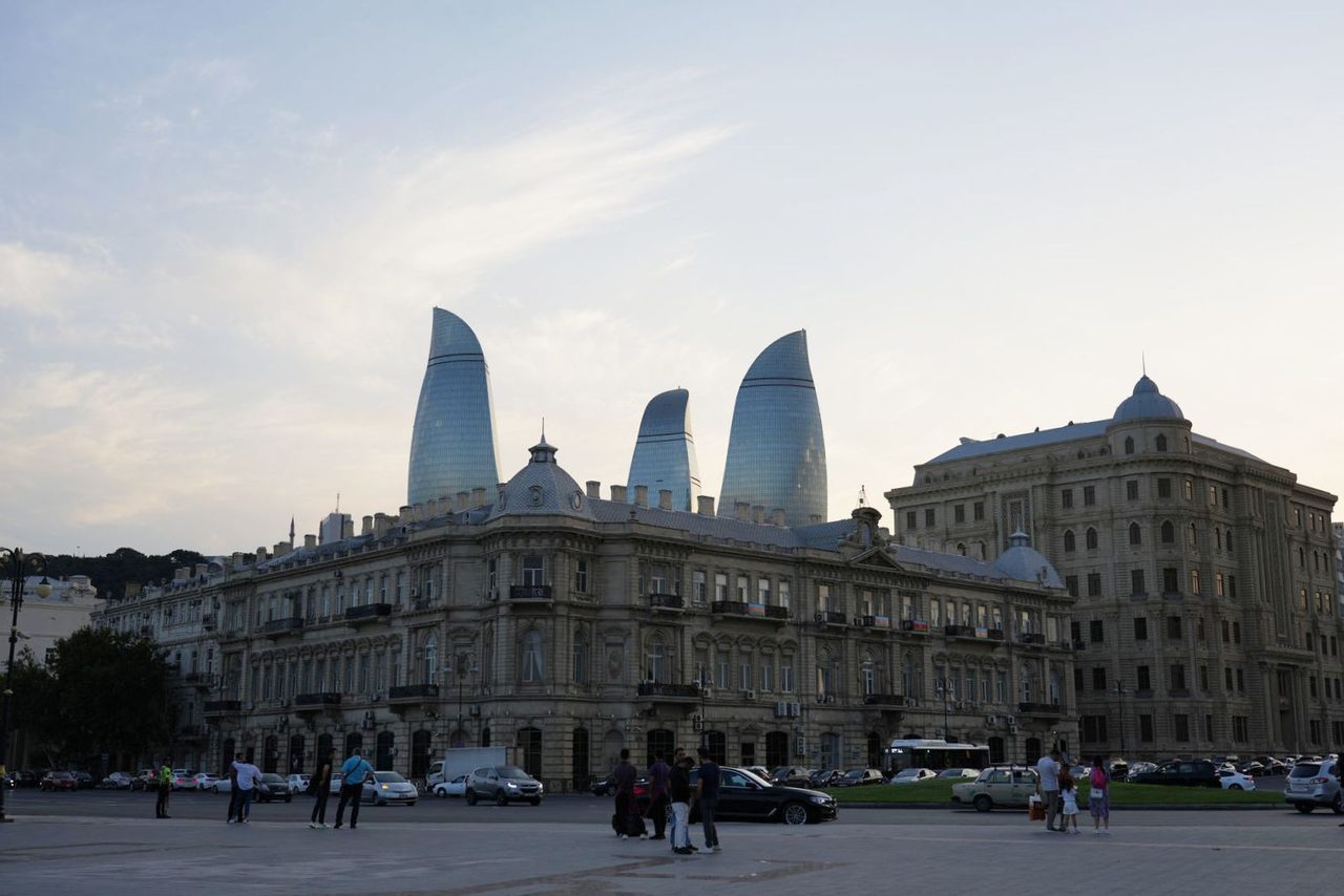Azneft Square with a view of Flame Towers