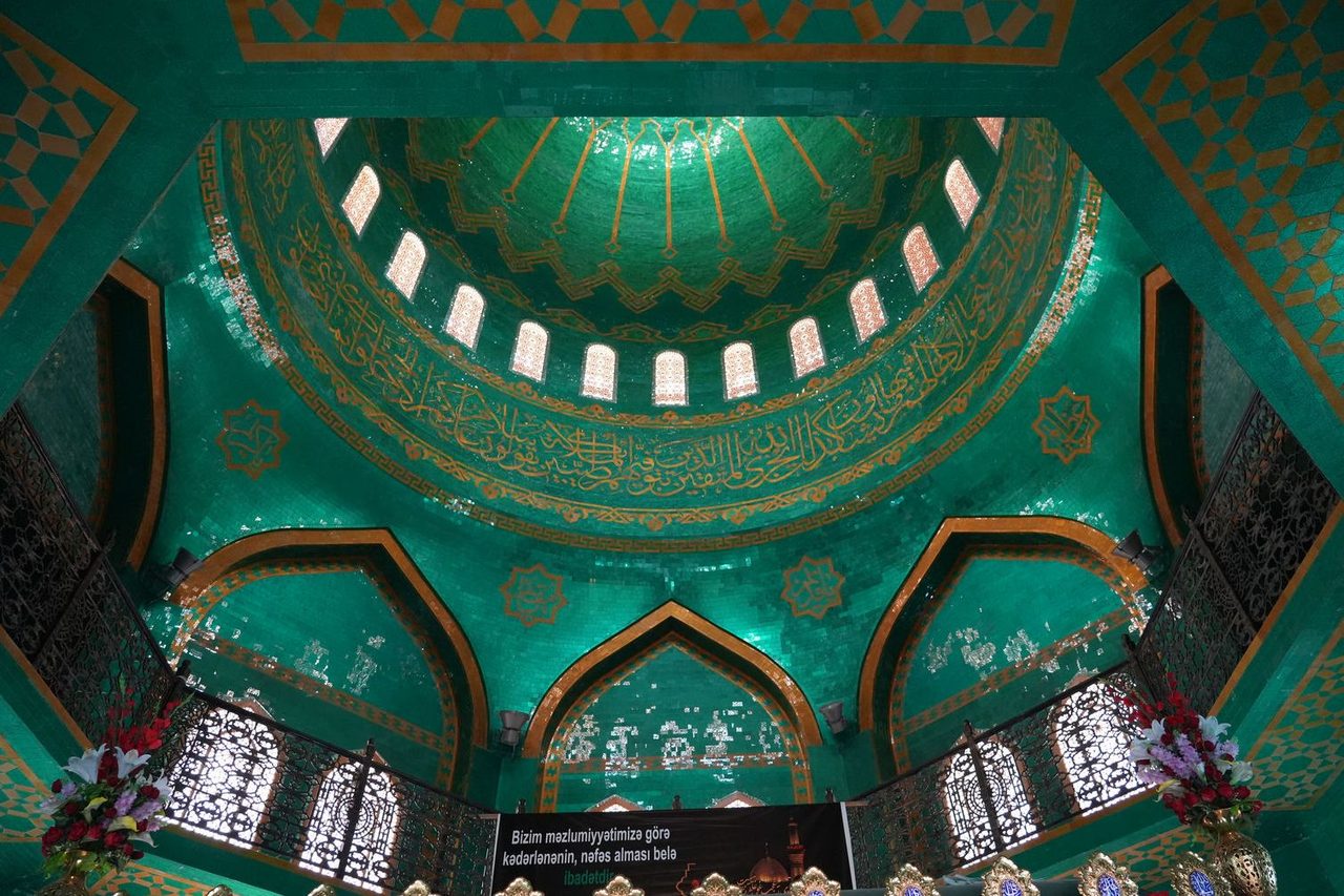 The stunning green dome interior of Bibi-Heybat Mosque
