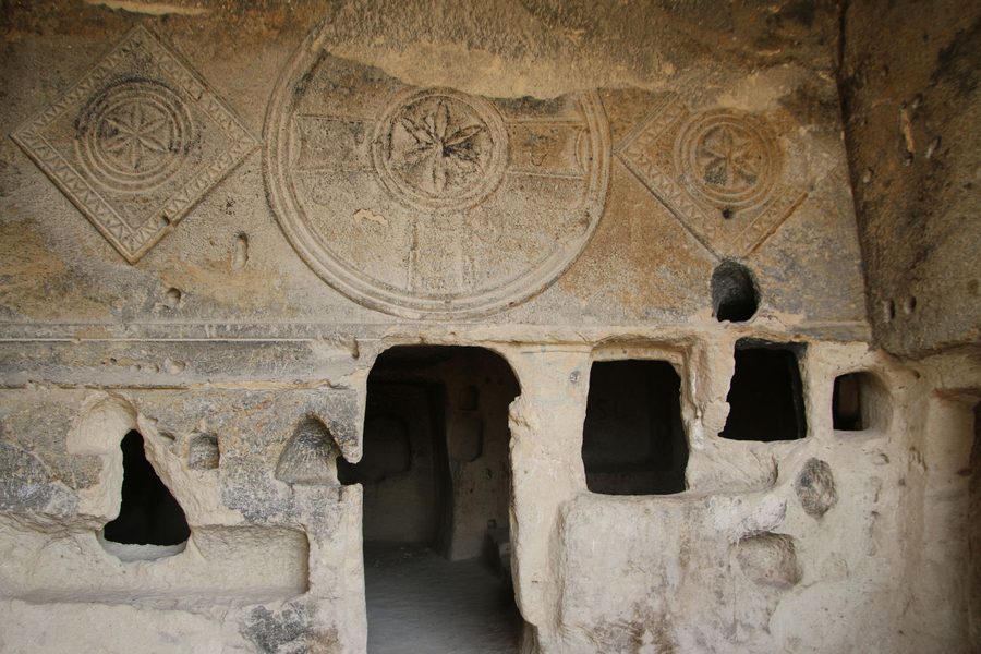 Ancient rock carvings in St John the Baptist Chapel Cavusin