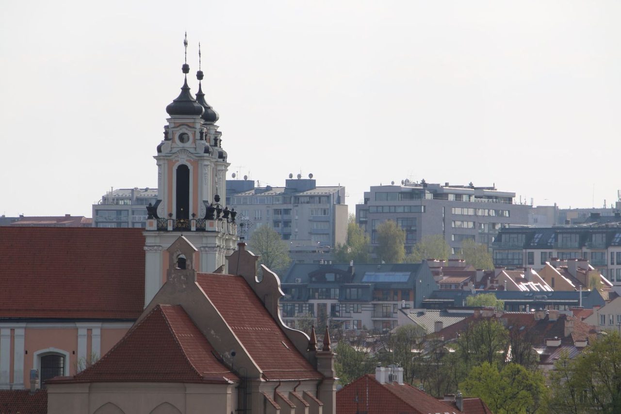 The ornate Rococo towers of the Church of St Catherine rising above the rooftops