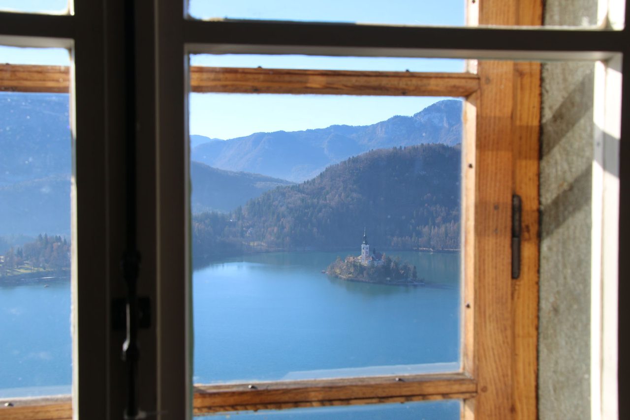 Bled Island framed by a window