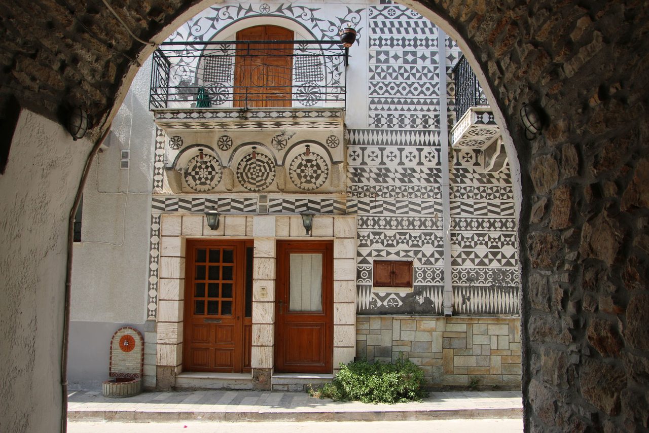 Framed view of Pyrgi village in Chios