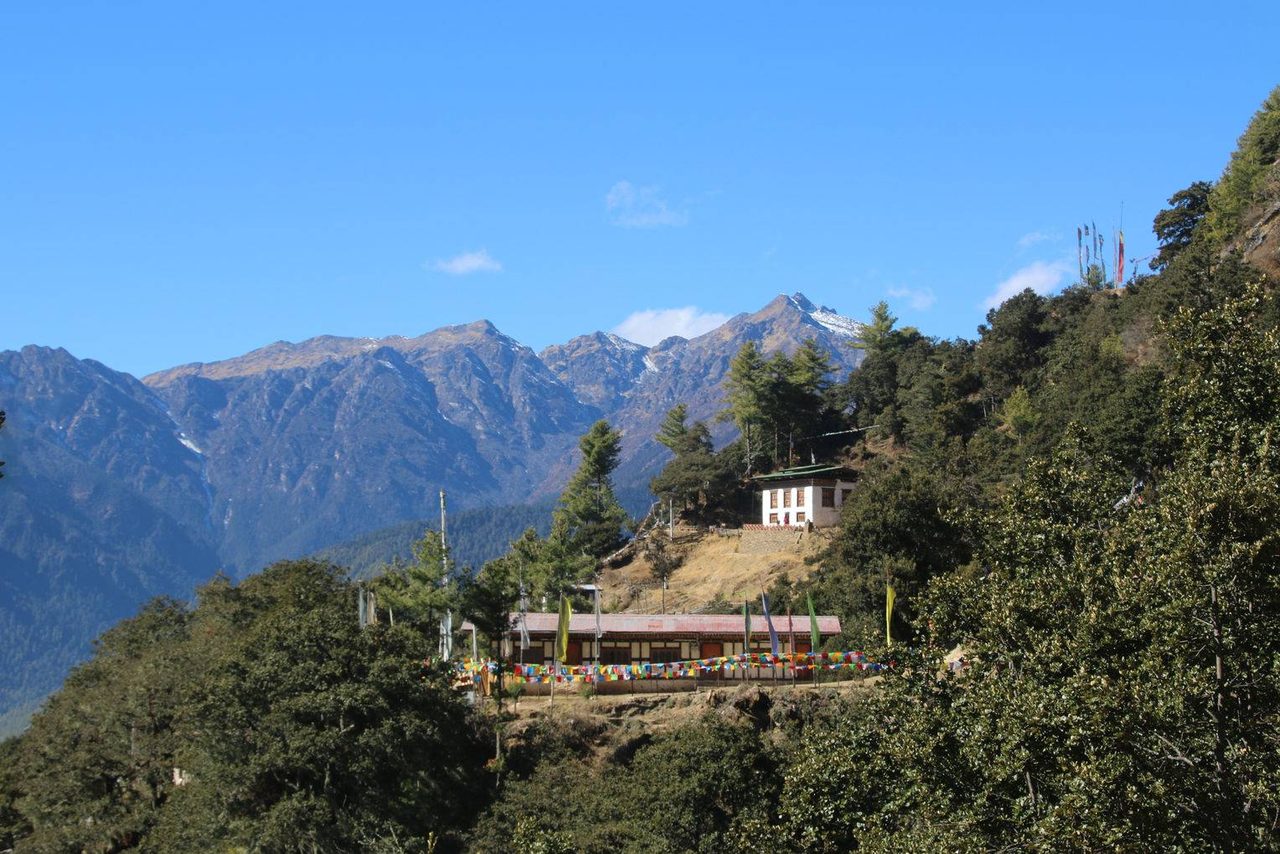 Taktsang Cafeteria surrounded by the mountains
