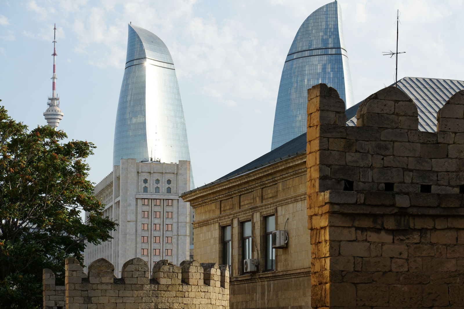 The Old City walls with a view of Flame Towers